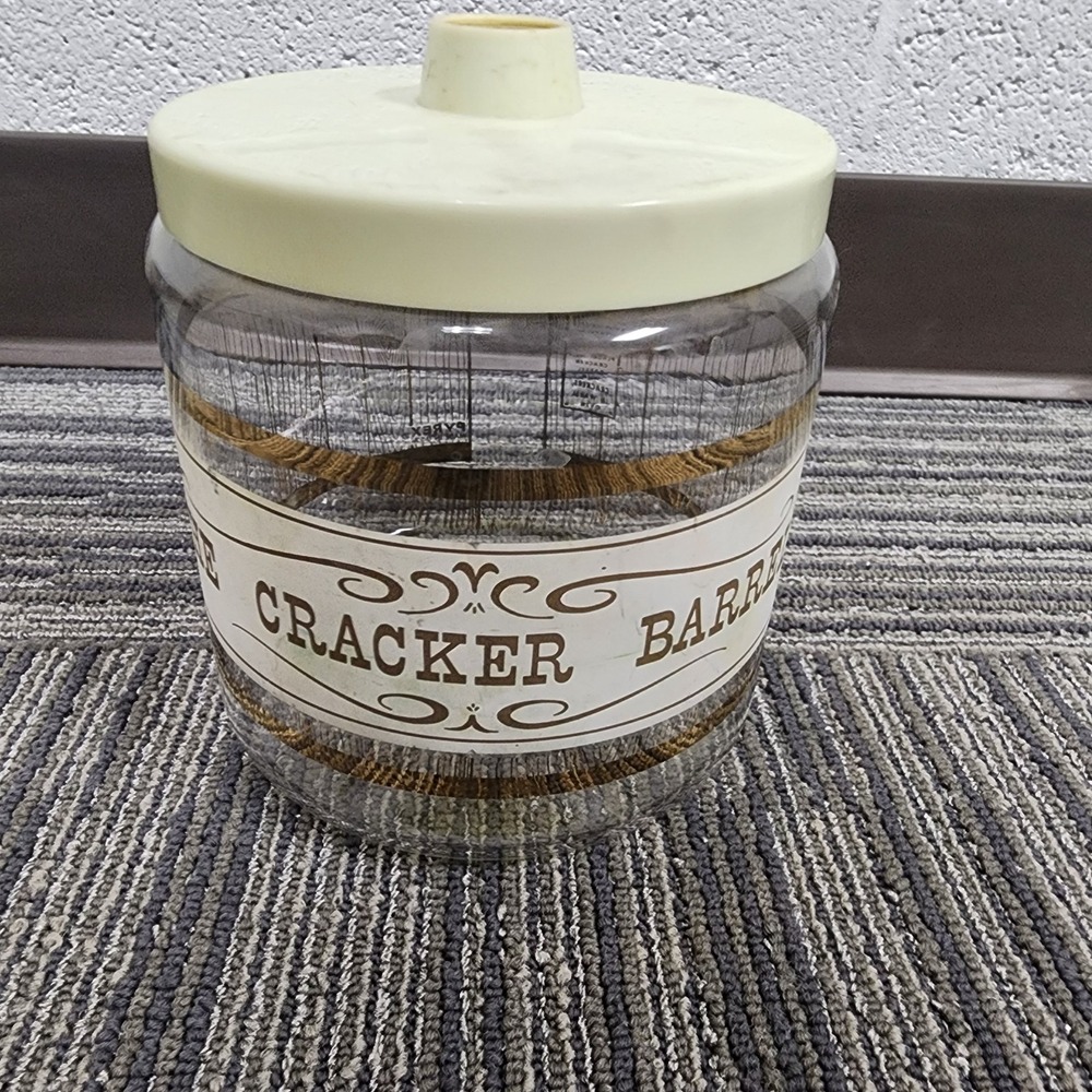 PYREX MCM Vintage Oven Safe Jar 18k Trim "The Cracker Barrel"‎ Plastic Lid EUC
